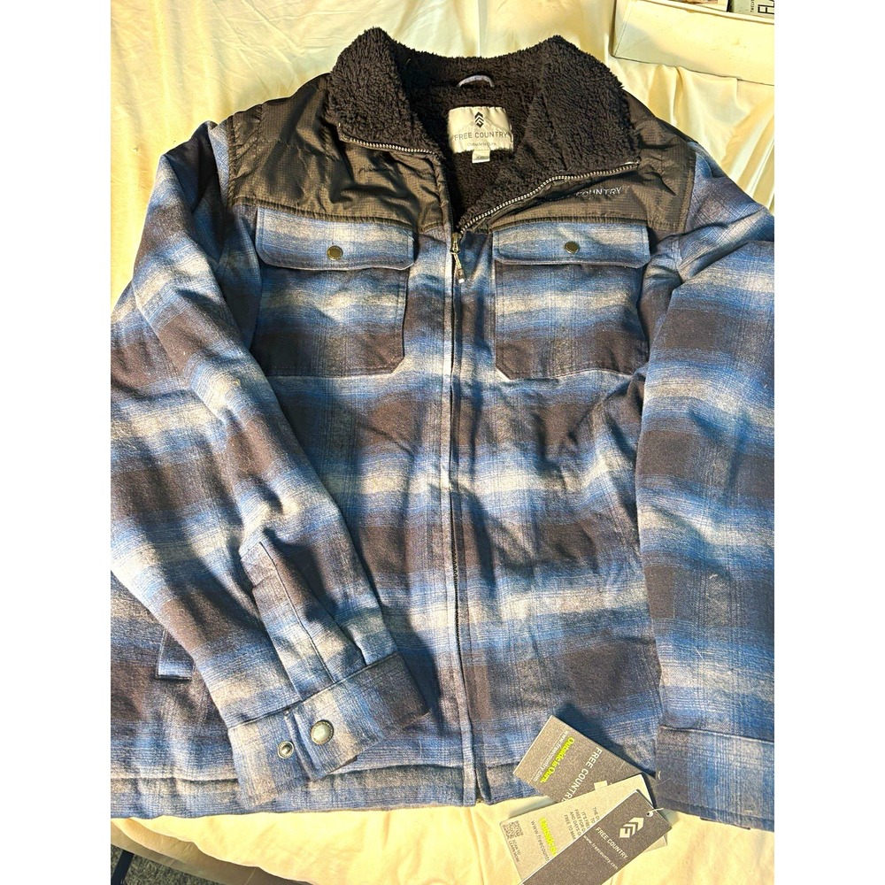 Free Country Men's Blue Black Plaid Lined Full Zip Jacket Pockets Short 2XL
